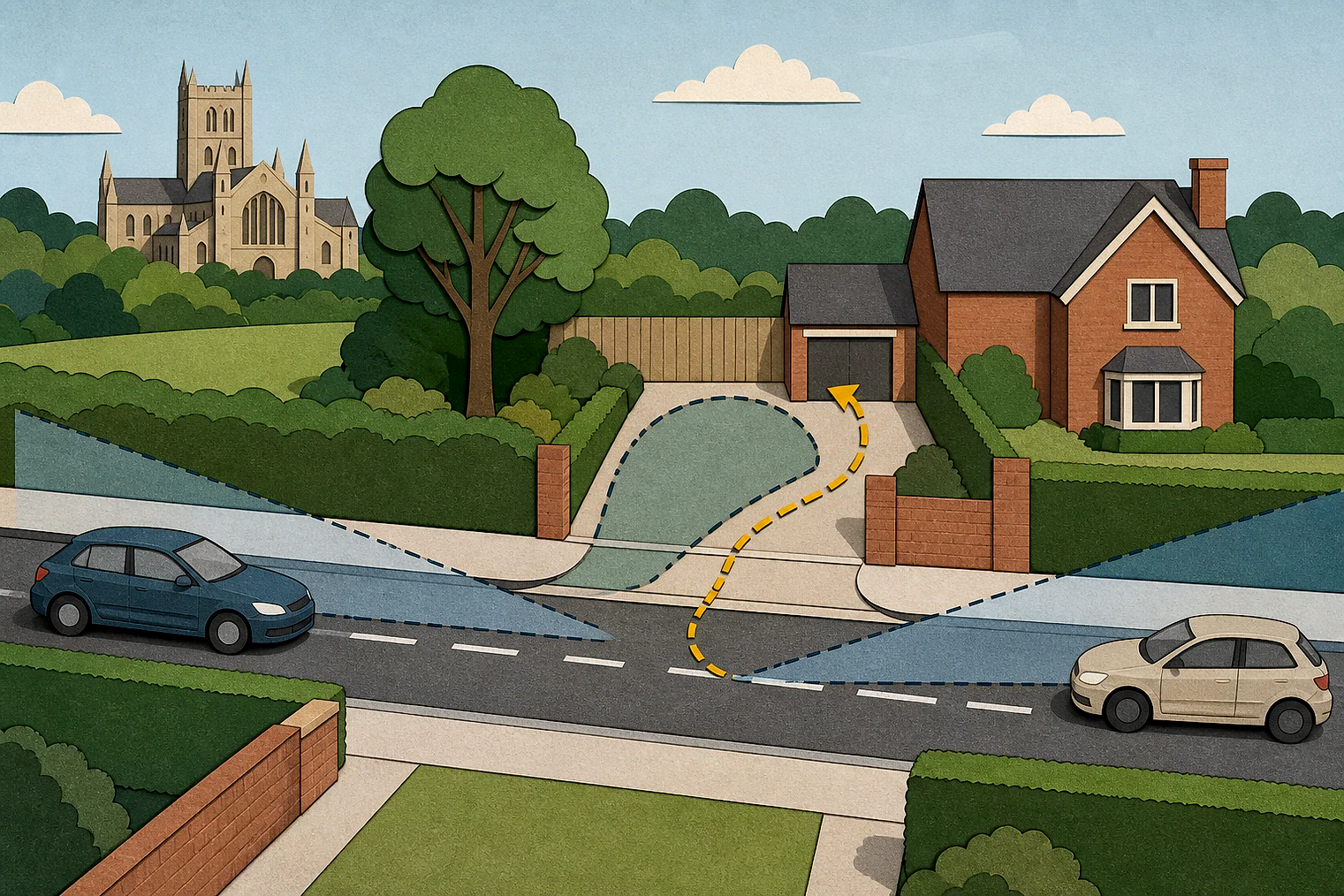 Cut-paper illustration of an imaginary access, visibility and highway safety planning issue in St Albans City and, with simplified local landmarks.