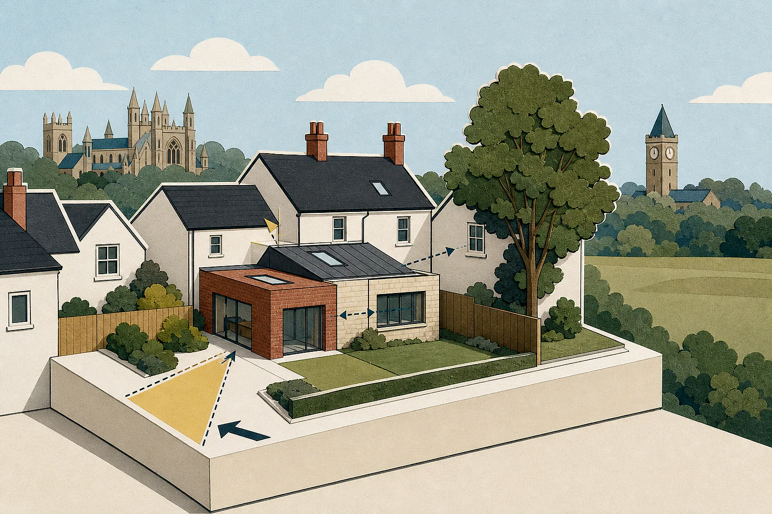Cut-paper planning illustration for St Albans City and, showing extensions, neighbours, access and open land near simplified local landmarks.