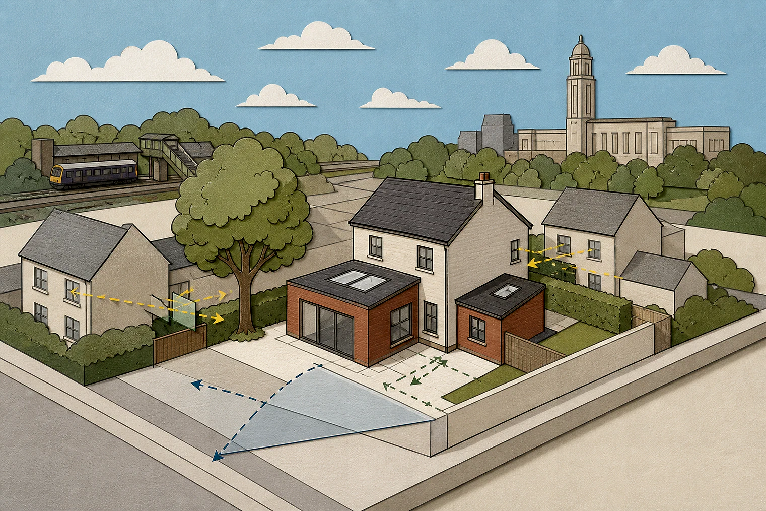 Cut-paper planning illustration for St Helens, showing extensions, neighbours, access and open land near simplified local landmarks.