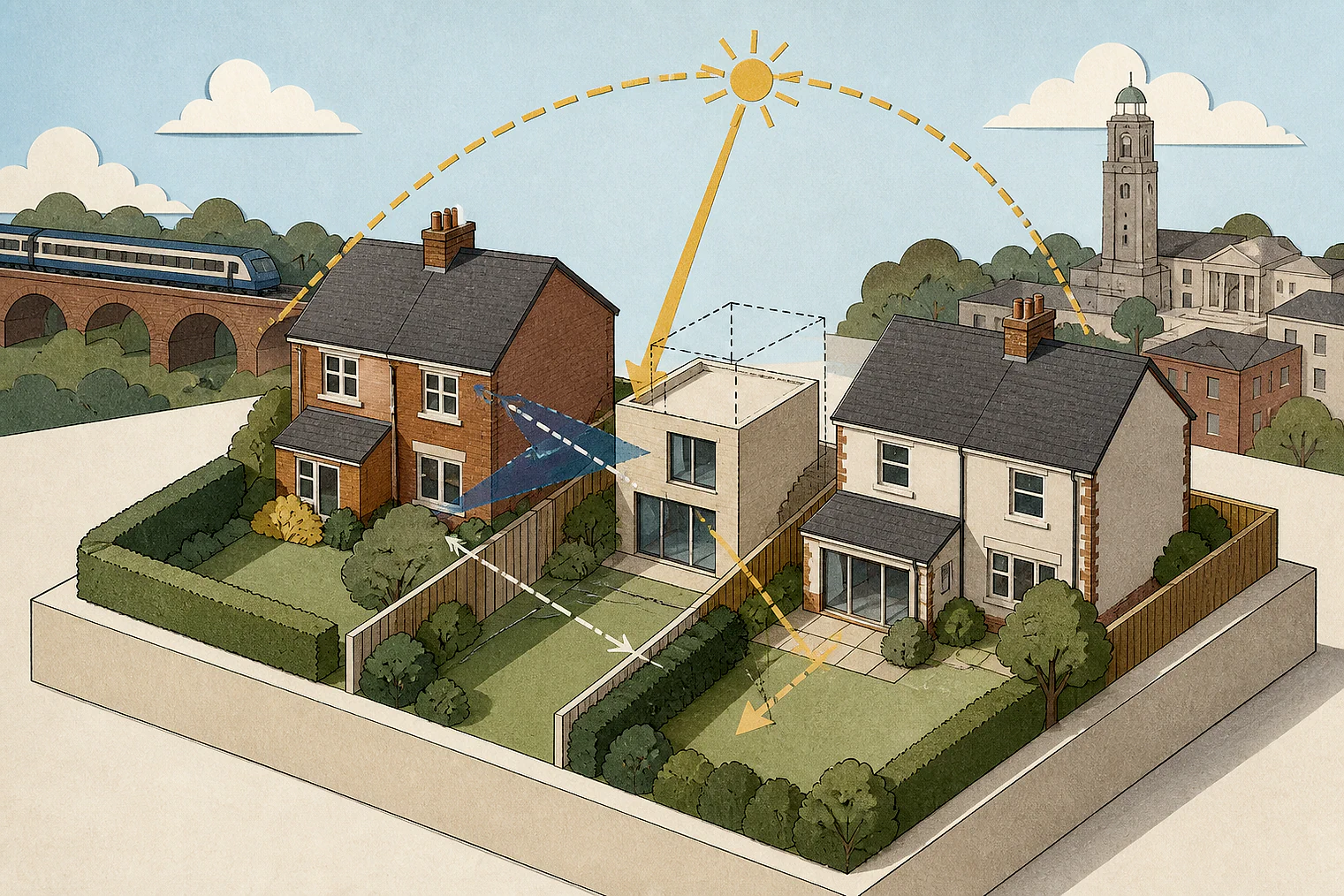 Cut-paper illustration of an imaginary privacy, daylight and neighbour living conditions planning issue in St Helens, with simplified local landmarks.
