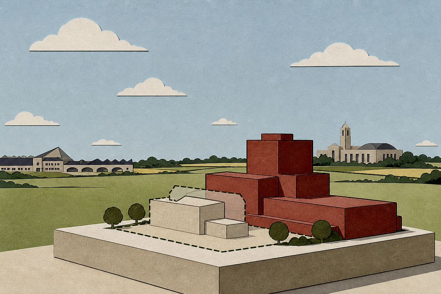 Cut-paper illustration of an imaginary building scale and Green Belt openness planning issue in Stafford, with simplified local landmarks.