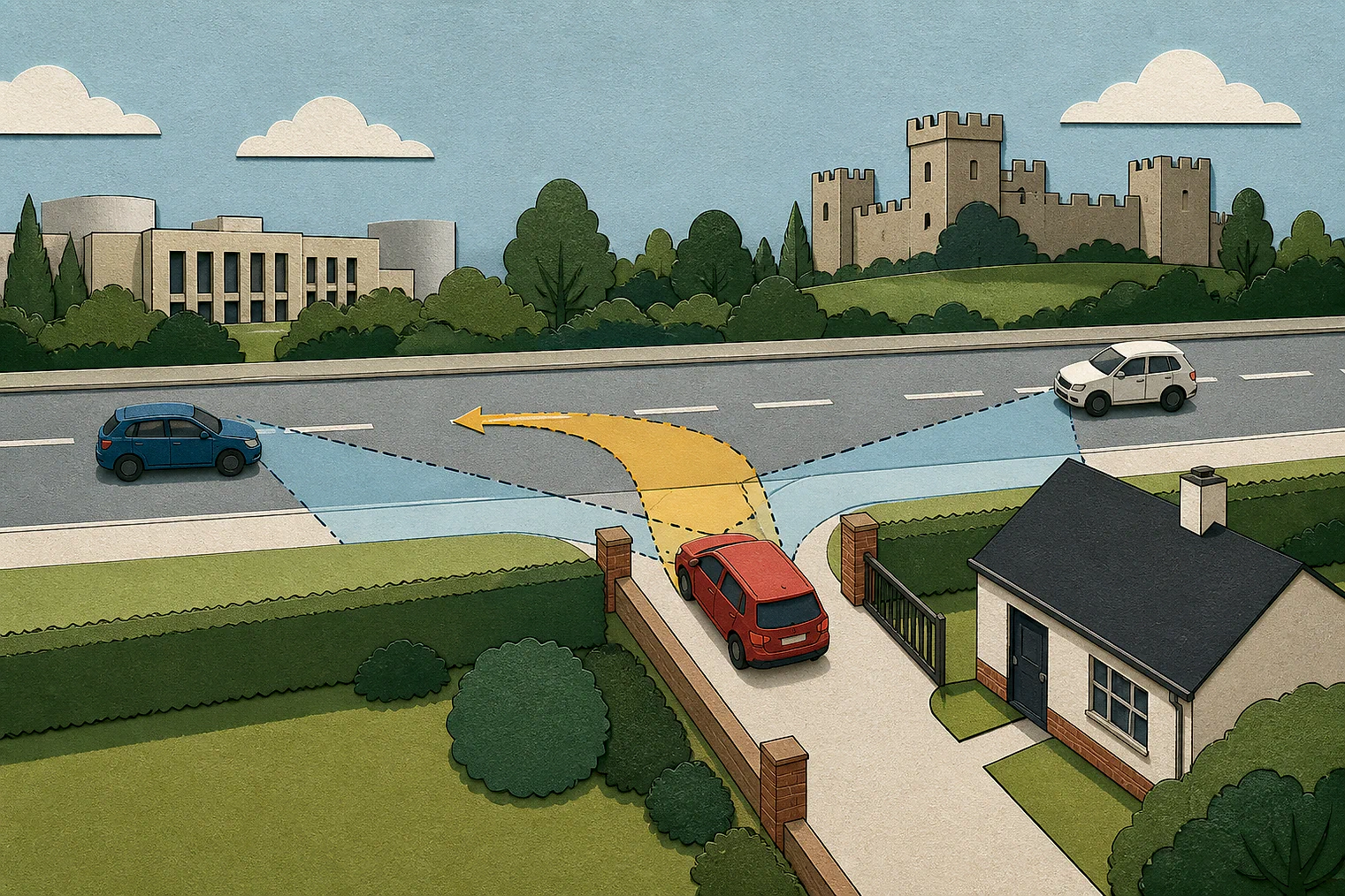 Cut-paper illustration of an imaginary access, visibility and highway safety planning issue in Stafford, with simplified local landmarks.