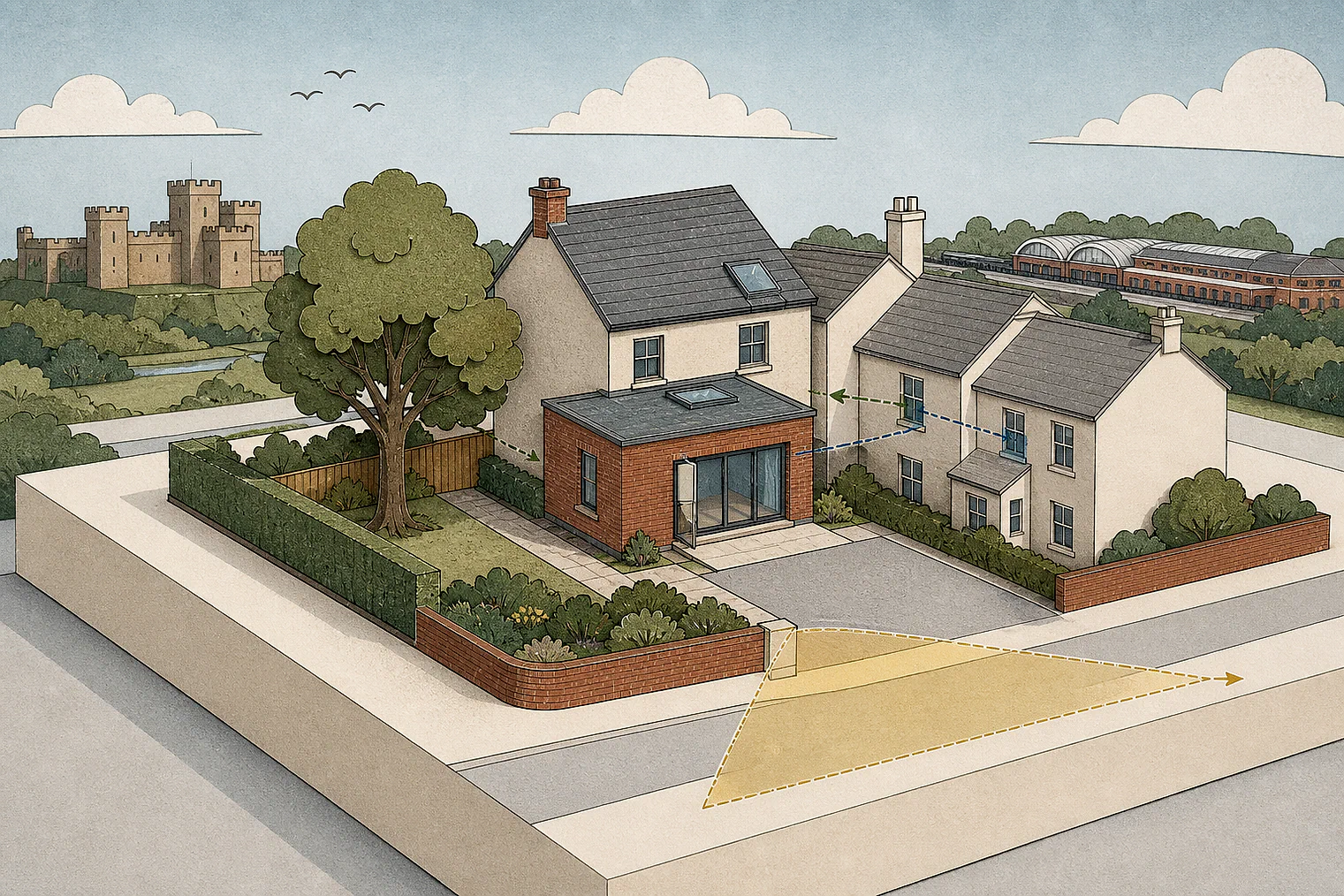 Cut-paper planning illustration for Stafford, showing extensions, neighbours, access and open land near simplified local landmarks.