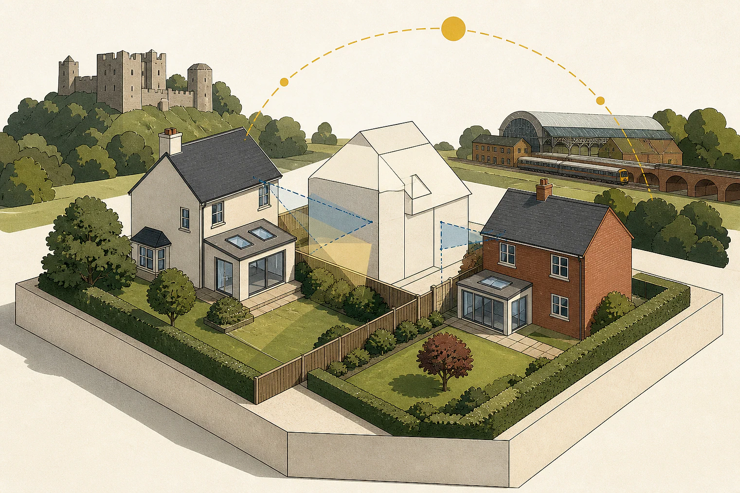 Cut-paper illustration of an imaginary privacy, daylight and neighbour living conditions planning issue in Stafford, with simplified local landmarks.