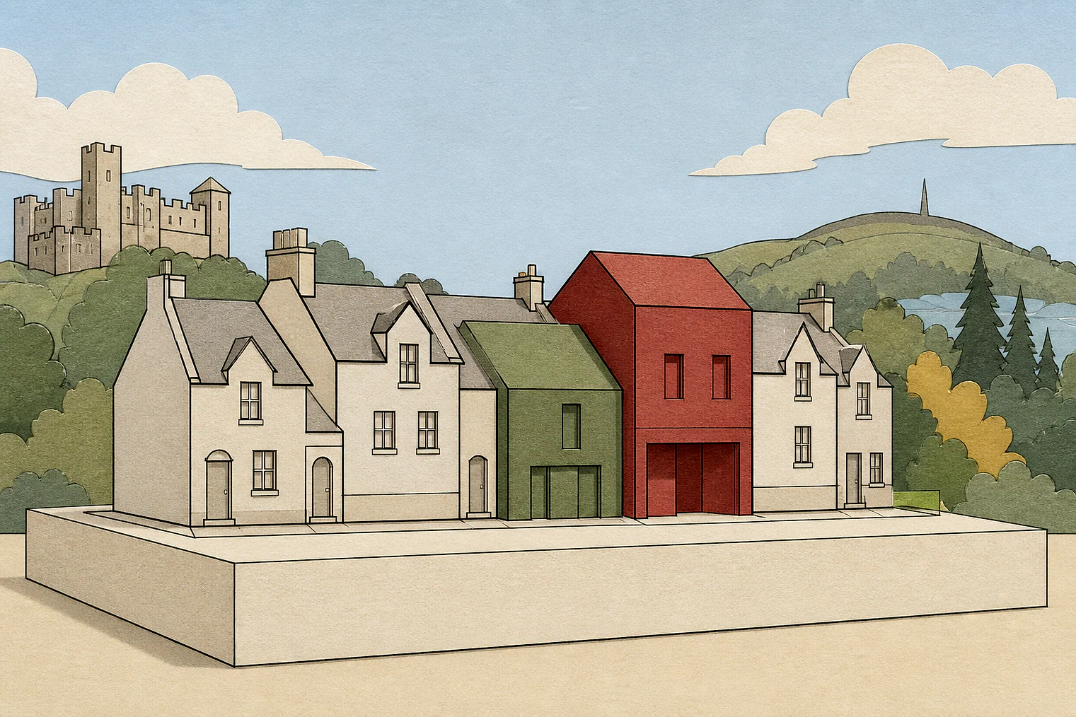 Cut-paper illustration of an imaginary character, scale and appearance planning issue in Staffordshire Moorlands, with simplified local landmarks.