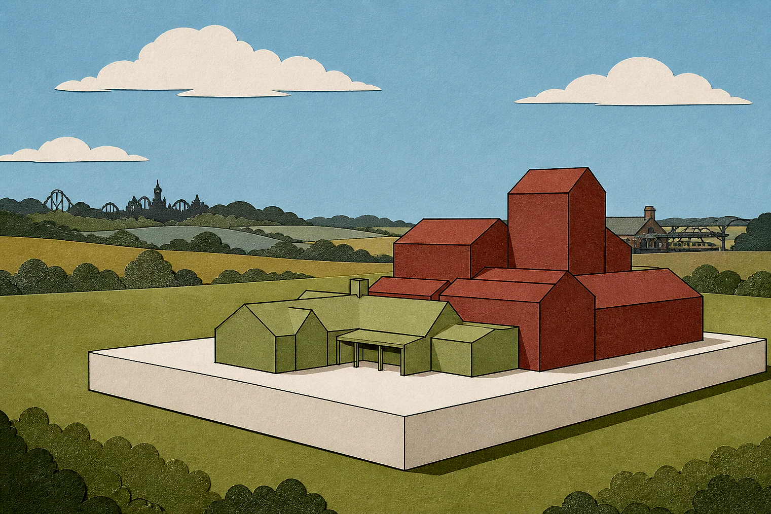 Cut-paper illustration of an imaginary building scale and Green Belt openness planning issue in Staffordshire Moorlands, with simplified local landmarks.