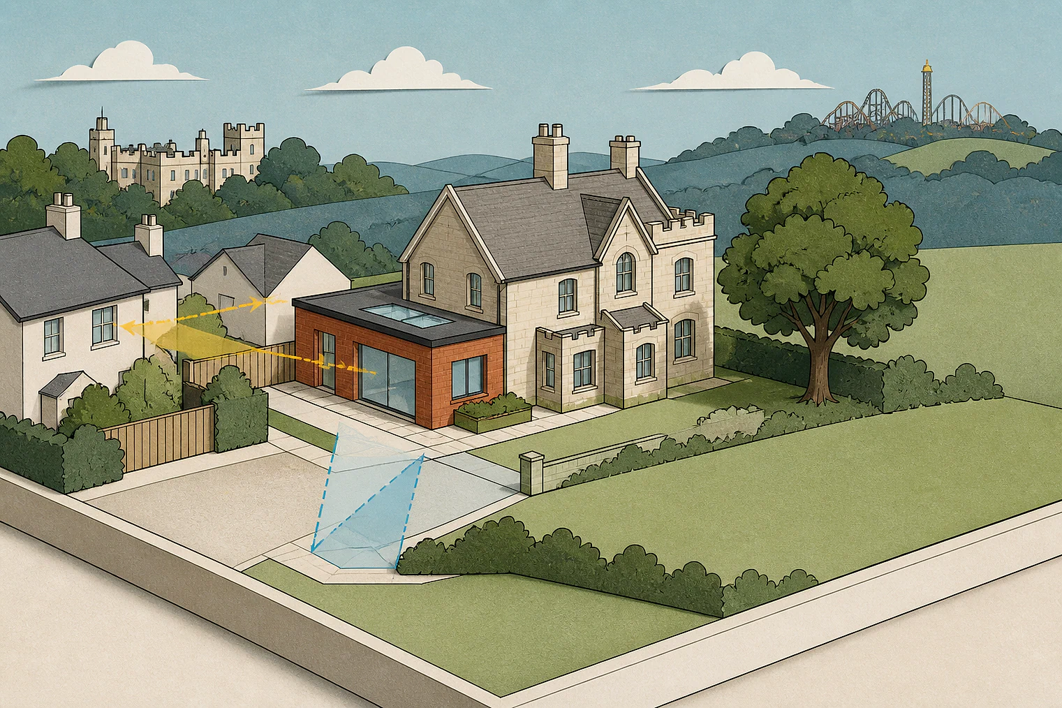 Cut-paper planning illustration for Staffordshire Moorlands, showing extensions, neighbours, access and open land near simplified local landmarks.