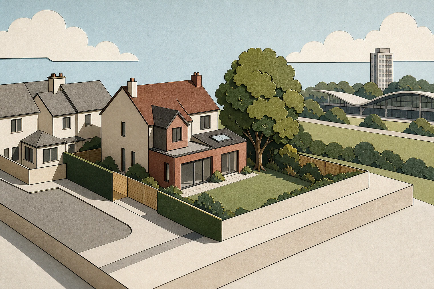 Cut-paper planning illustration for Stevenage, showing extensions, neighbours, access and open land near simplified local landmarks.