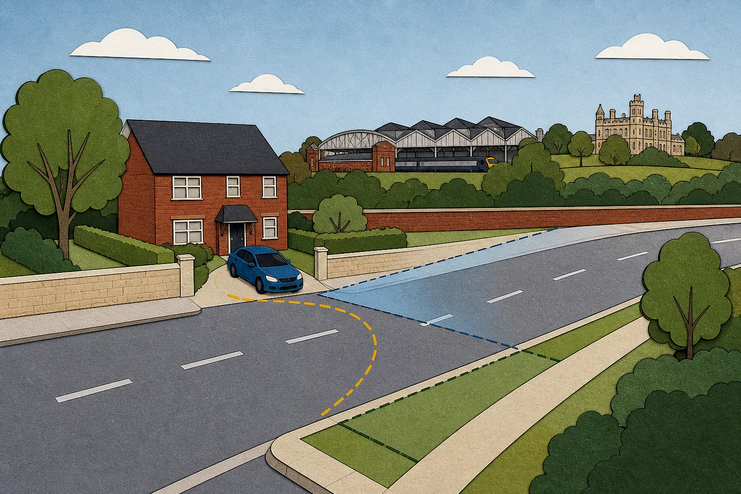 Cut-paper illustration of an imaginary access, visibility and highway safety planning issue in Stockport Metropolitan, with simplified local landmarks.
