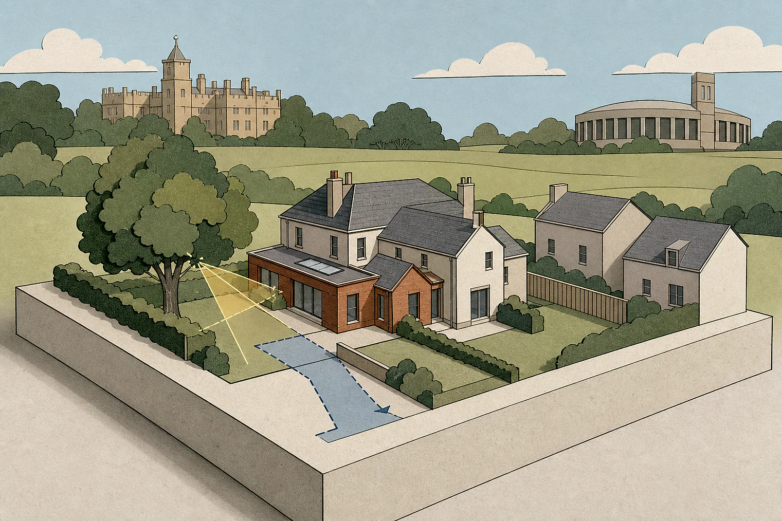 Cut-paper planning illustration for Stockport Metropolitan, showing extensions, neighbours, access and open land near simplified local landmarks.