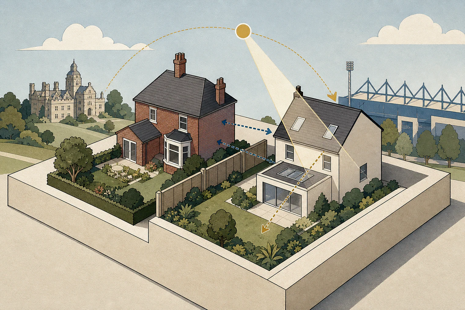 Cut-paper illustration of an imaginary privacy, daylight and neighbour living conditions planning issue in Stockport Metropolitan, with simplified local landmarks.