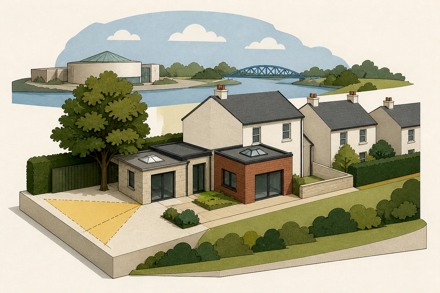 Cut-paper planning illustration for Stockton-on-Tees, showing extensions, neighbours, access and open land near simplified local landmarks.