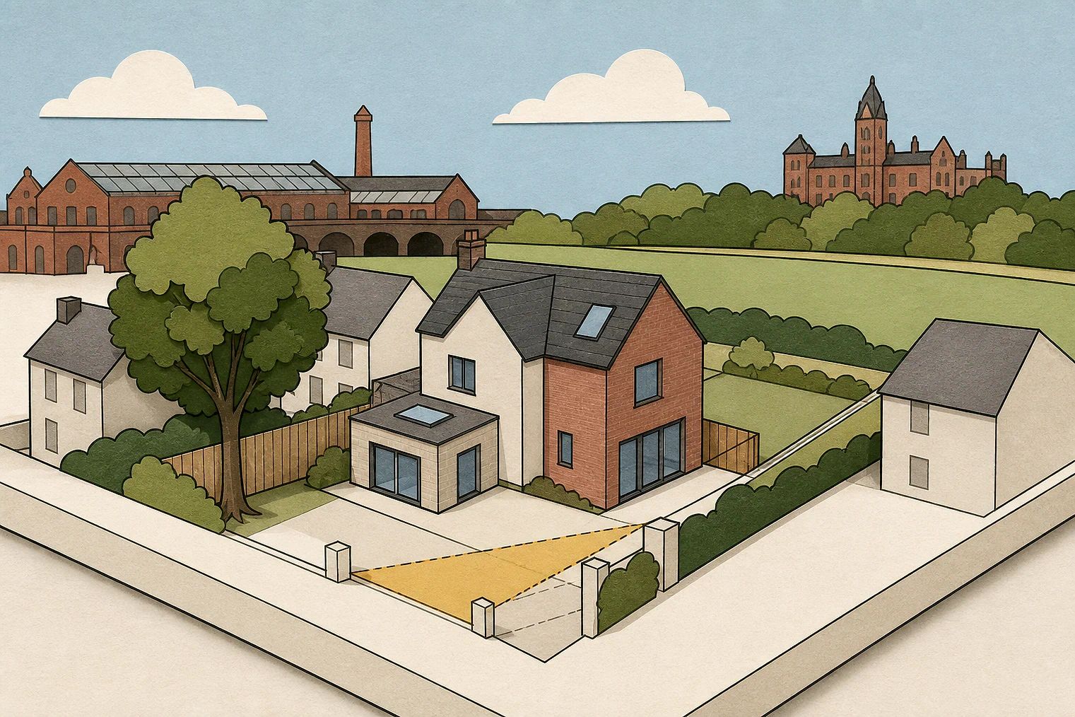 Cut-paper planning illustration for Stoke-on-Trent, showing extensions, neighbours, access and open land near simplified local landmarks.