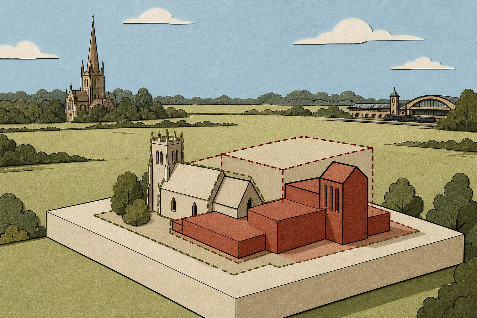 Cut-paper illustration of an imaginary building scale and Green Belt openness planning issue in Stratford-on-Avon, with simplified local landmarks.