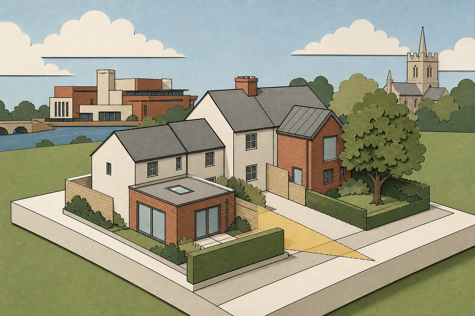 Cut-paper planning illustration for Stratford-on-Avon, showing extensions, neighbours, access and open land near simplified local landmarks.