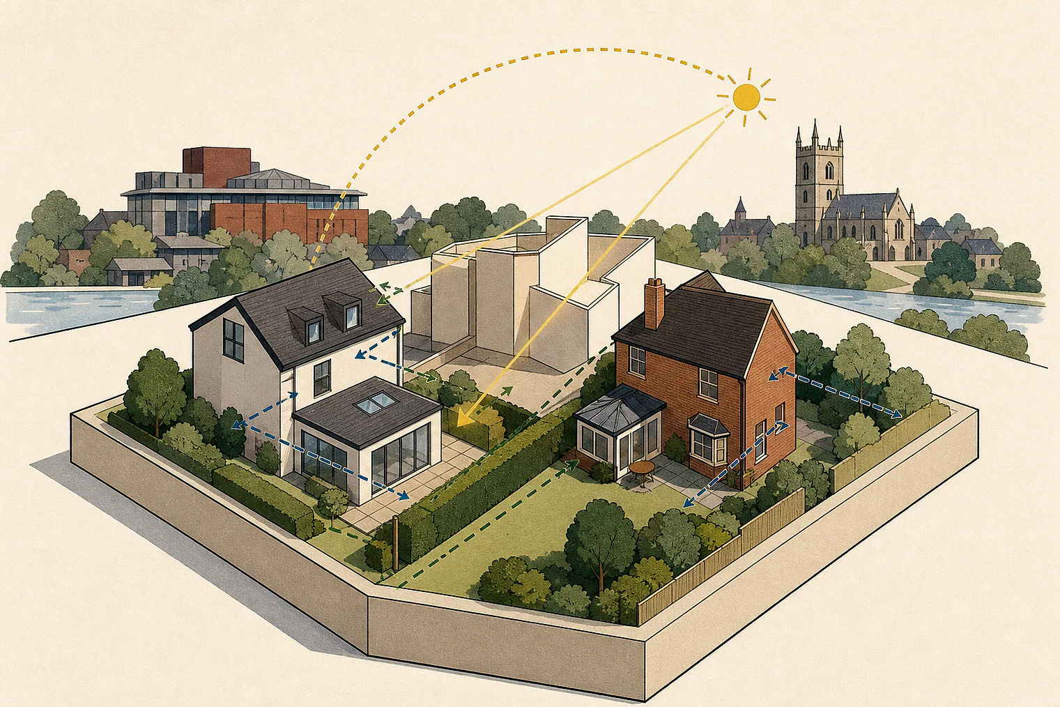 Cut-paper illustration of an imaginary privacy, daylight and neighbour living conditions planning issue in Stratford-on-Avon, with simplified local landmarks.