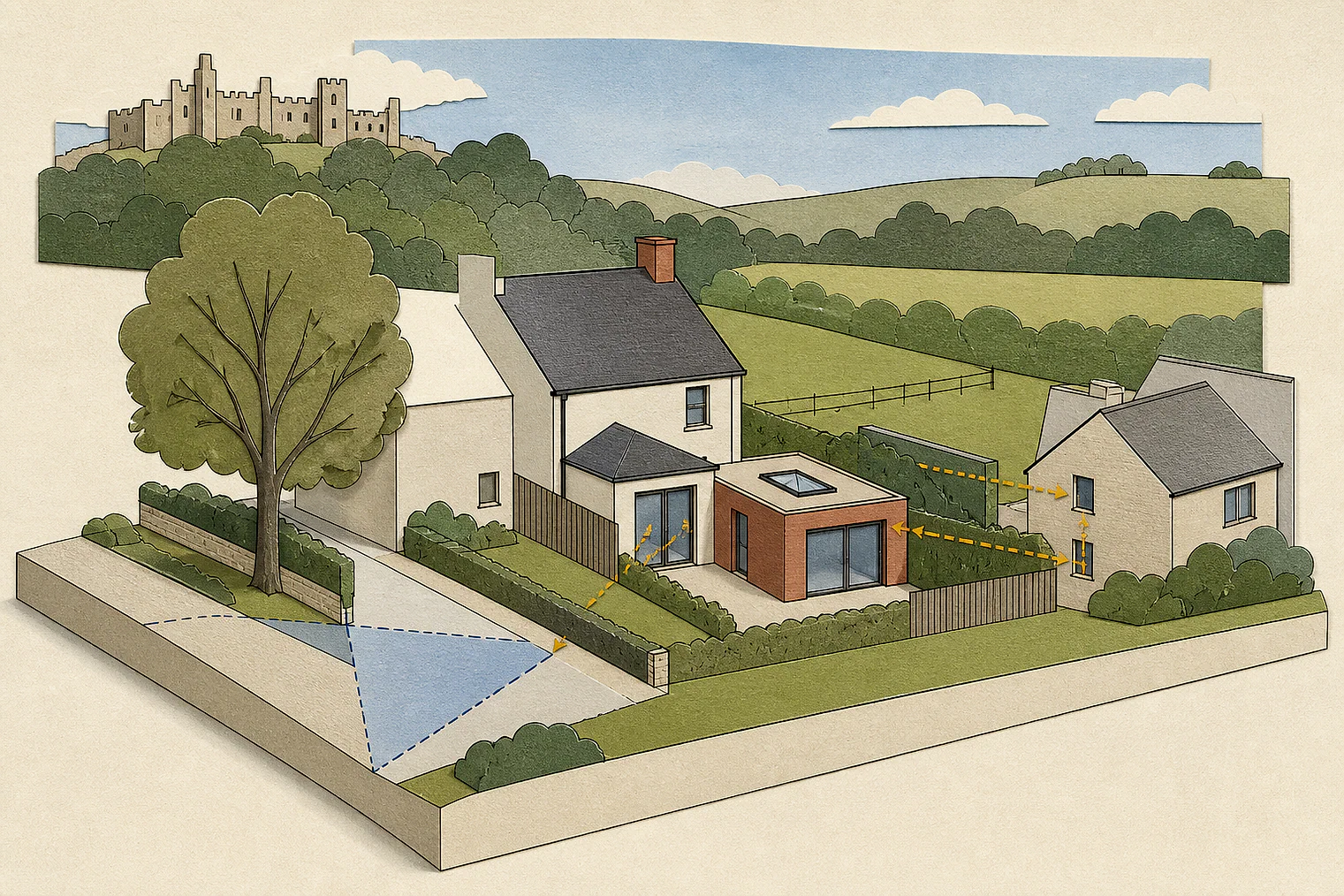 Cut-paper planning illustration for Stroud, showing extensions, neighbours, access and open land near simplified local landmarks.
