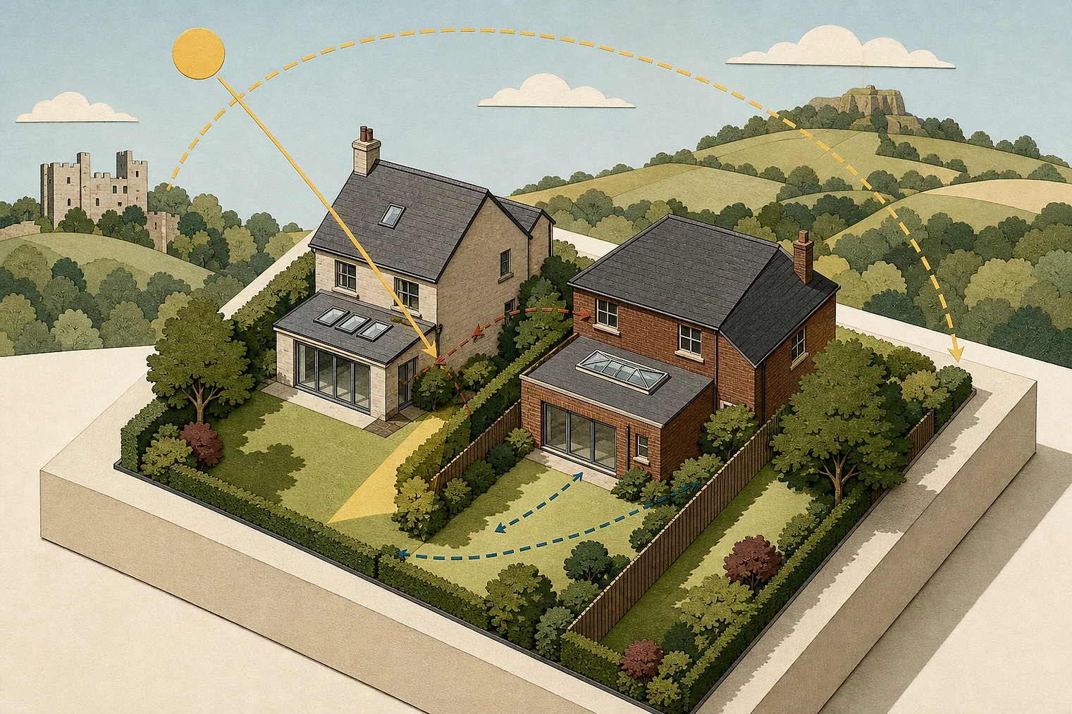 Cut-paper illustration of an imaginary privacy, daylight and neighbour living conditions planning issue in Stroud, with simplified local landmarks.