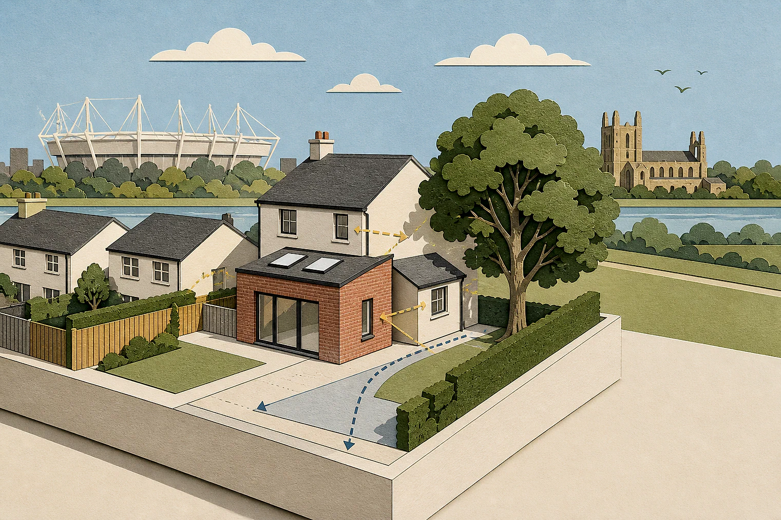Cut-paper planning illustration for Sunderland, showing extensions, neighbours, access and open land near simplified local landmarks.