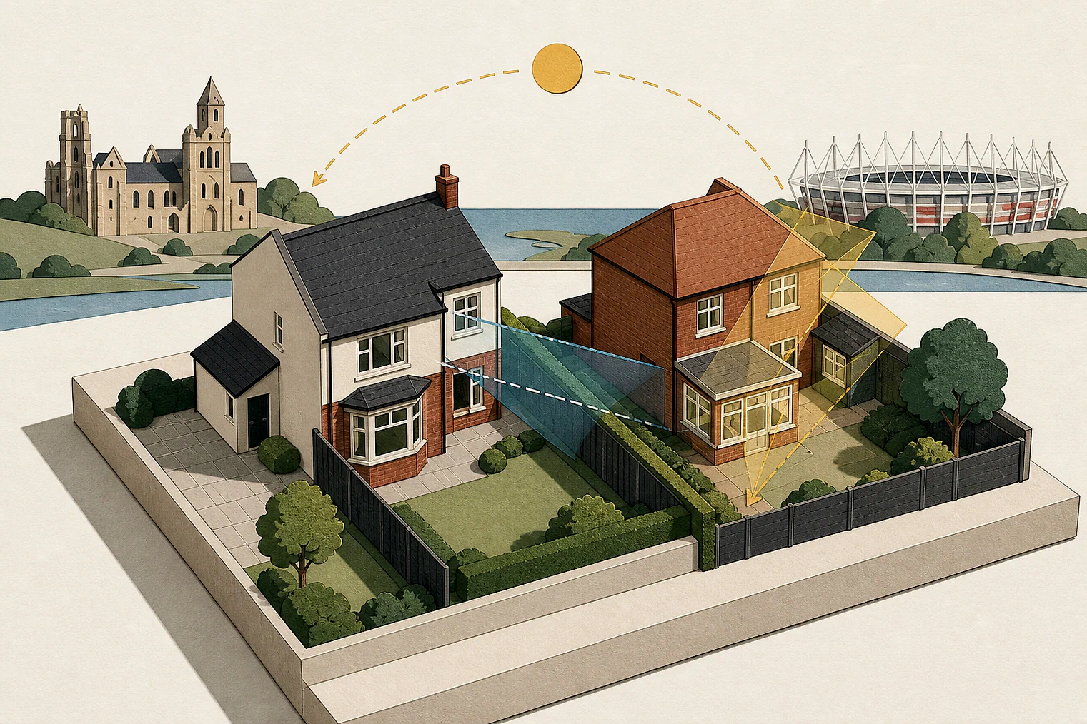 Cut-paper illustration of an imaginary privacy, daylight and neighbour living conditions planning issue in Sunderland, with simplified local landmarks.
