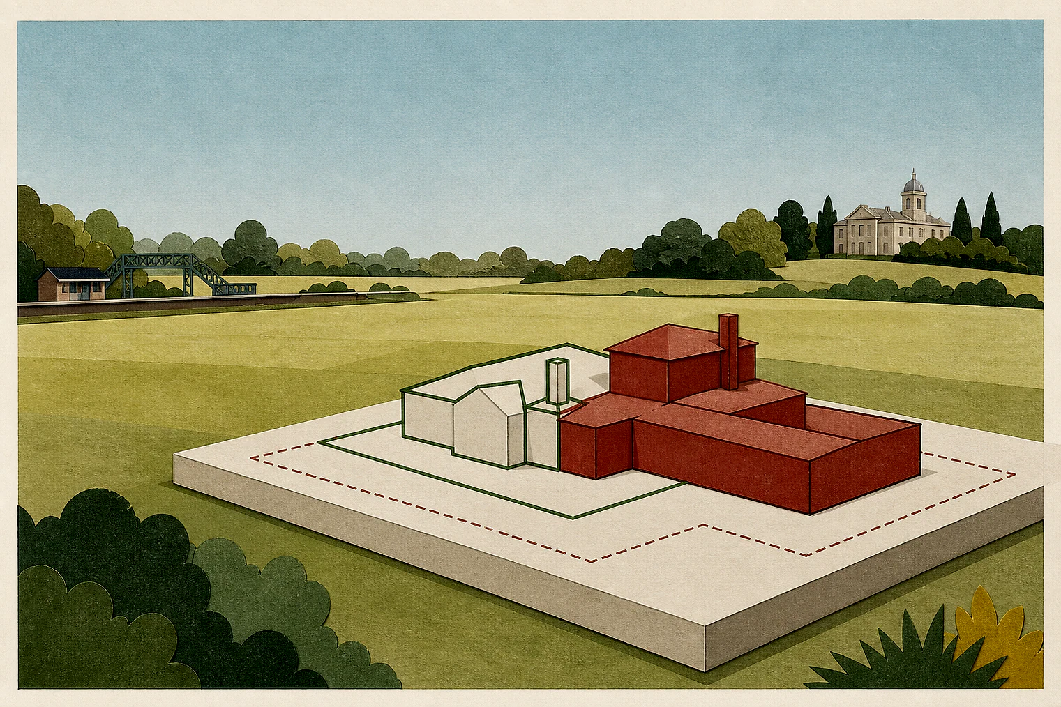 Cut-paper illustration of an imaginary building scale and Green Belt openness planning issue in Surrey Heath, with simplified local landmarks.