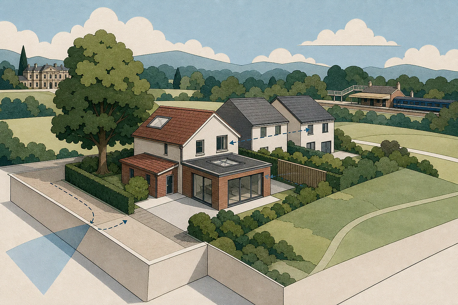 Cut-paper planning illustration for Surrey Heath, showing extensions, neighbours, access and open land near simplified local landmarks.