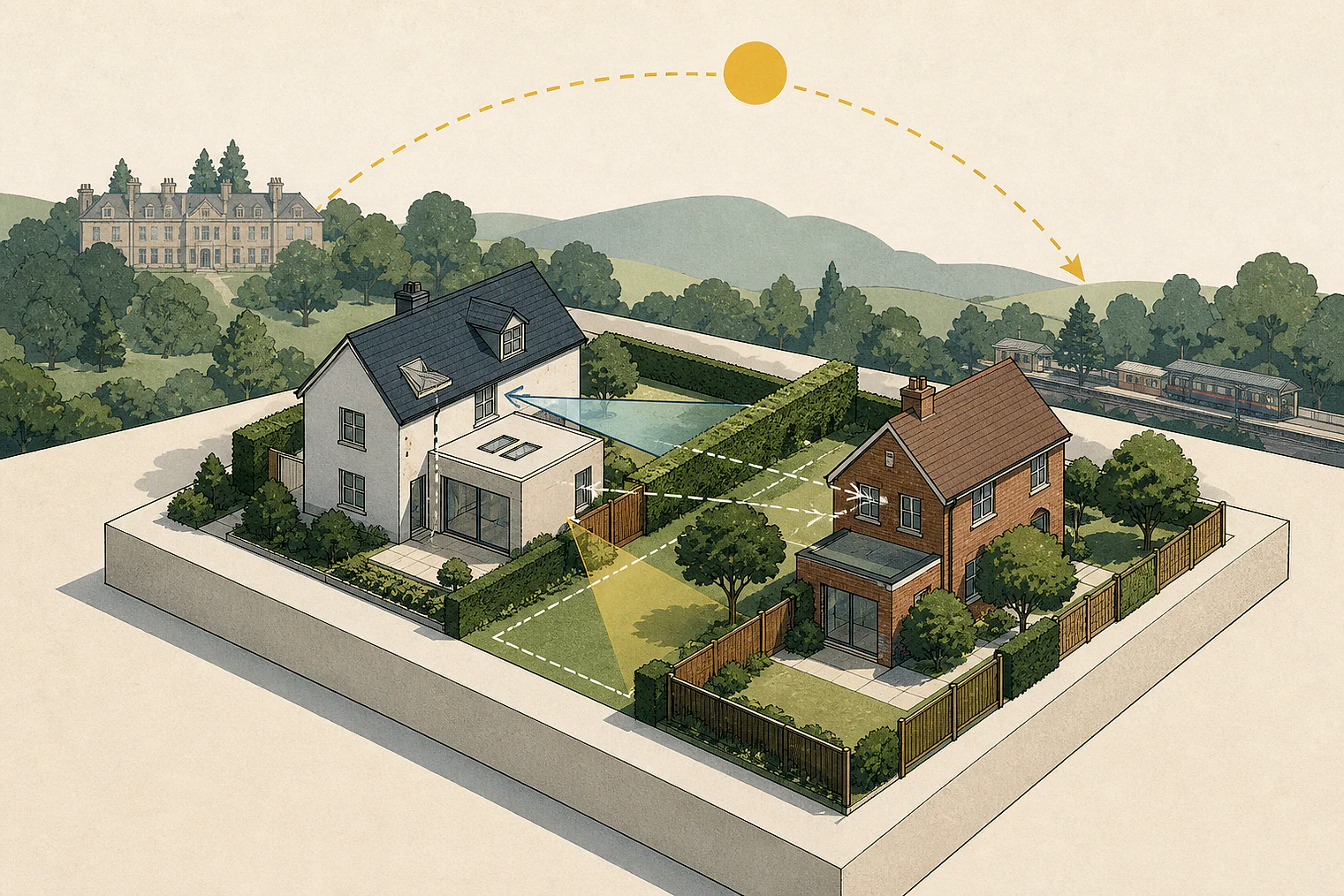 Cut-paper illustration of an imaginary privacy, daylight and neighbour living conditions planning issue in Surrey Heath, with simplified local landmarks.