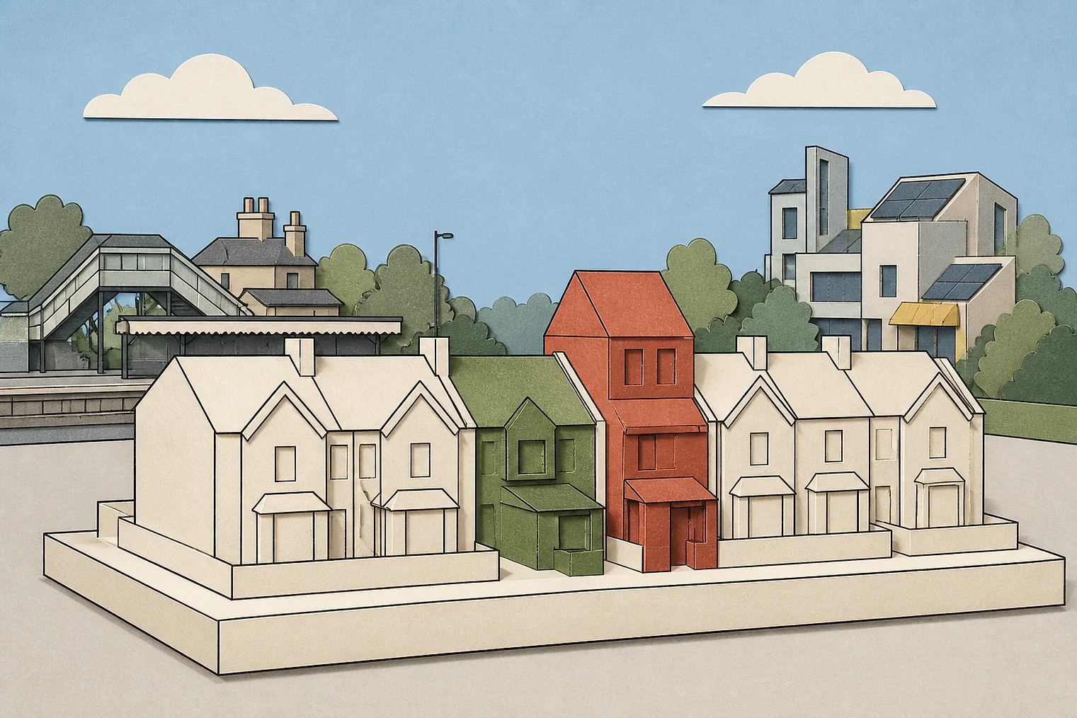 Cut-paper illustration of an imaginary character, scale and appearance planning issue in Sutton, with simplified local landmarks.
