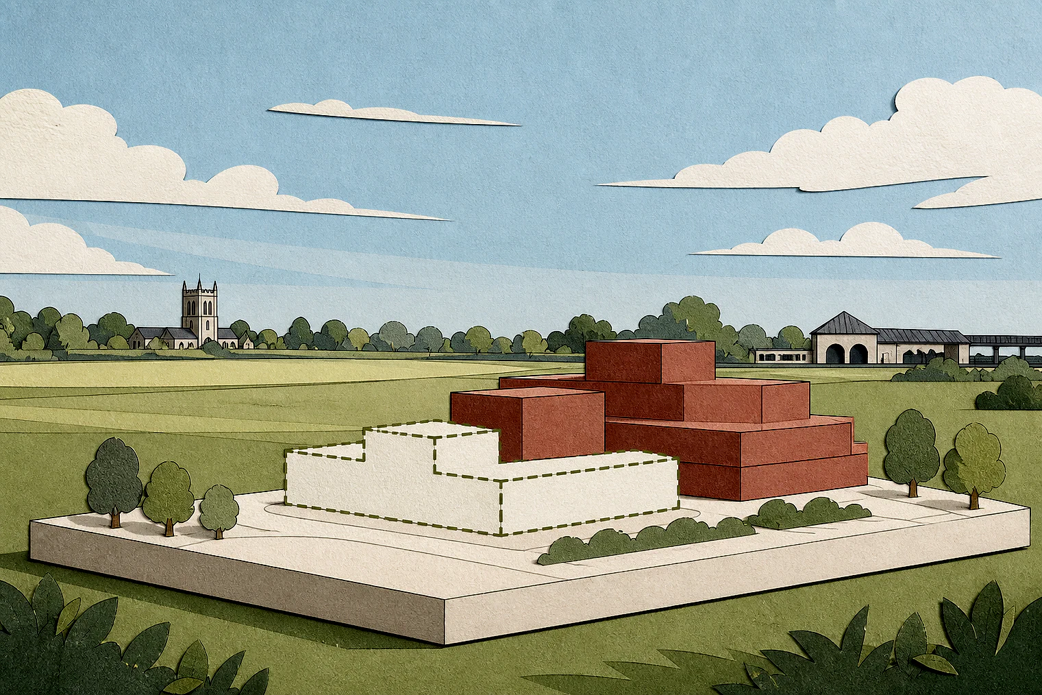 Cut-paper illustration of an imaginary building scale and Green Belt openness planning issue in Sutton, with simplified local landmarks.