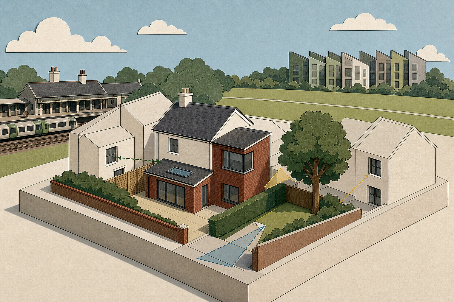 Cut-paper planning illustration for Sutton, showing extensions, neighbours, access and open land near simplified local landmarks.