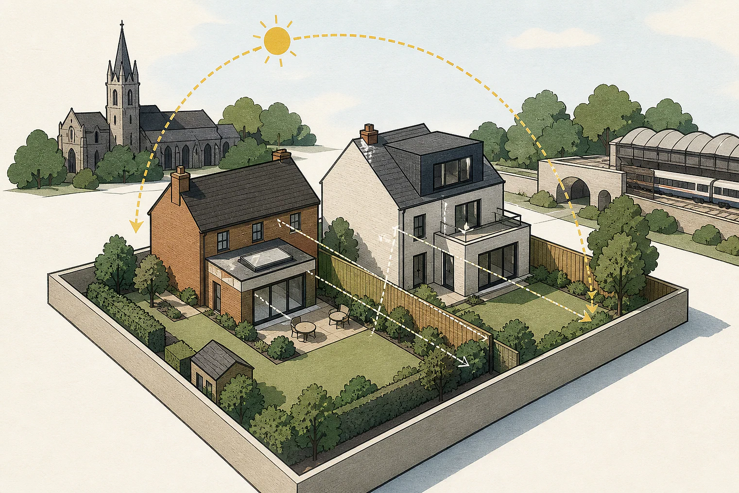 Cut-paper illustration of an imaginary privacy, daylight and neighbour living conditions planning issue in Sutton, with simplified local landmarks.