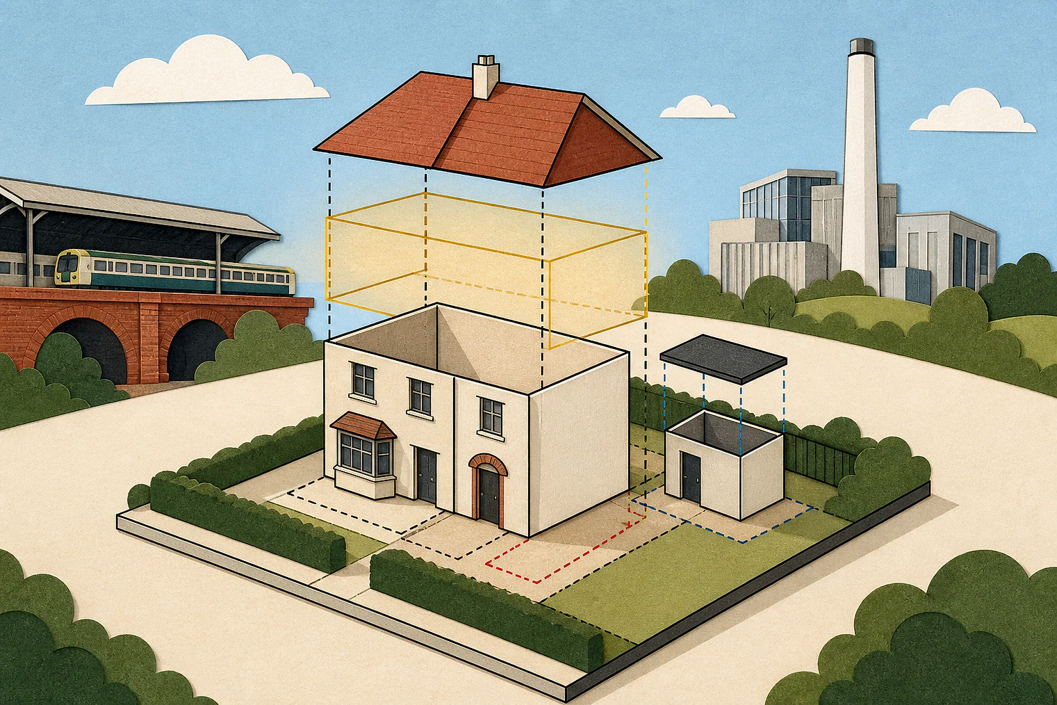 Cut-paper illustration of an imaginary permitted development dimensions and building relationships planning issue in Sutton, with simplified local landmarks.