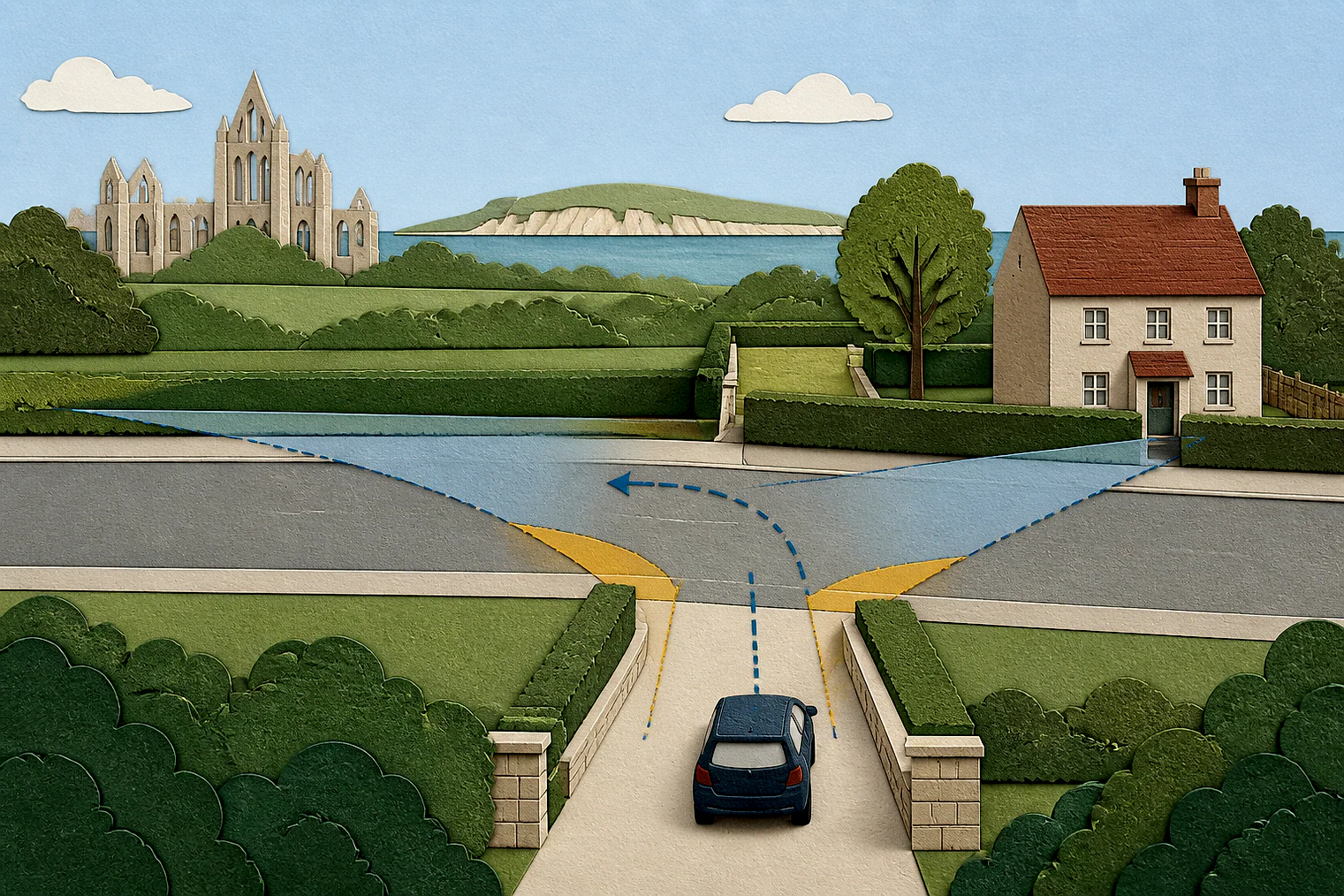 Cut-paper illustration of an imaginary access, visibility and highway safety planning issue in Swale, with simplified local landmarks.