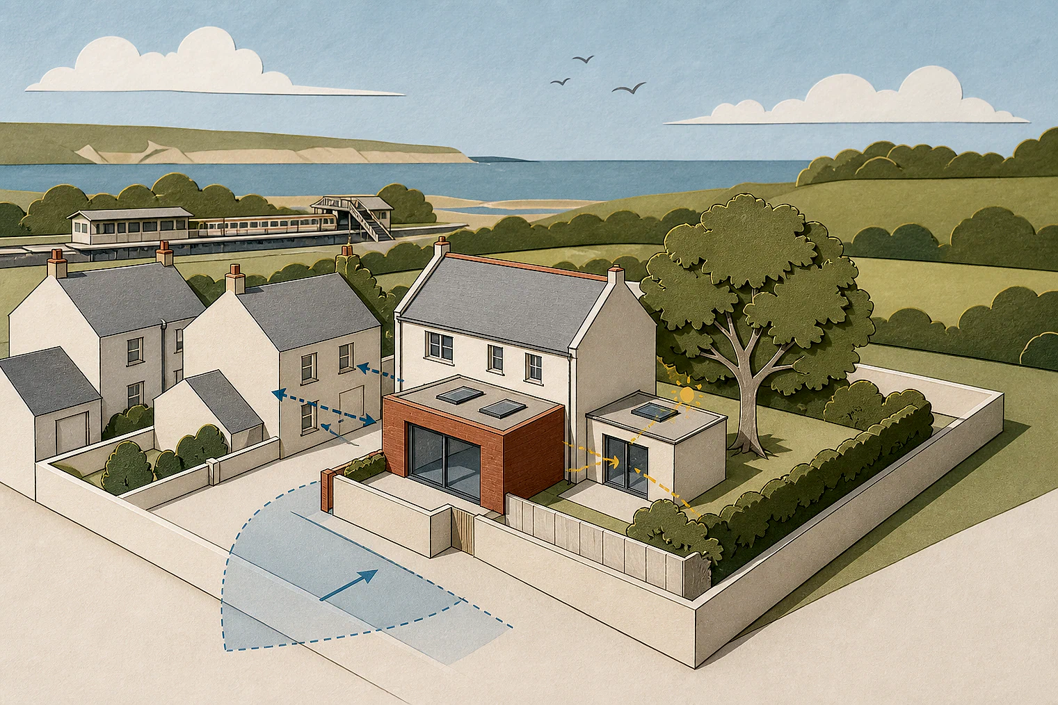 Cut-paper planning illustration for Swale, showing extensions, neighbours, access and open land near simplified local landmarks.
