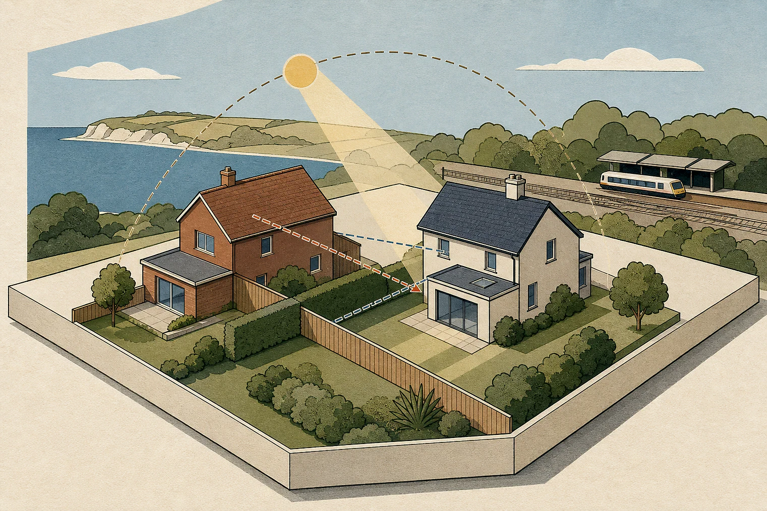 Cut-paper illustration of an imaginary privacy, daylight and neighbour living conditions planning issue in Swale, with simplified local landmarks.