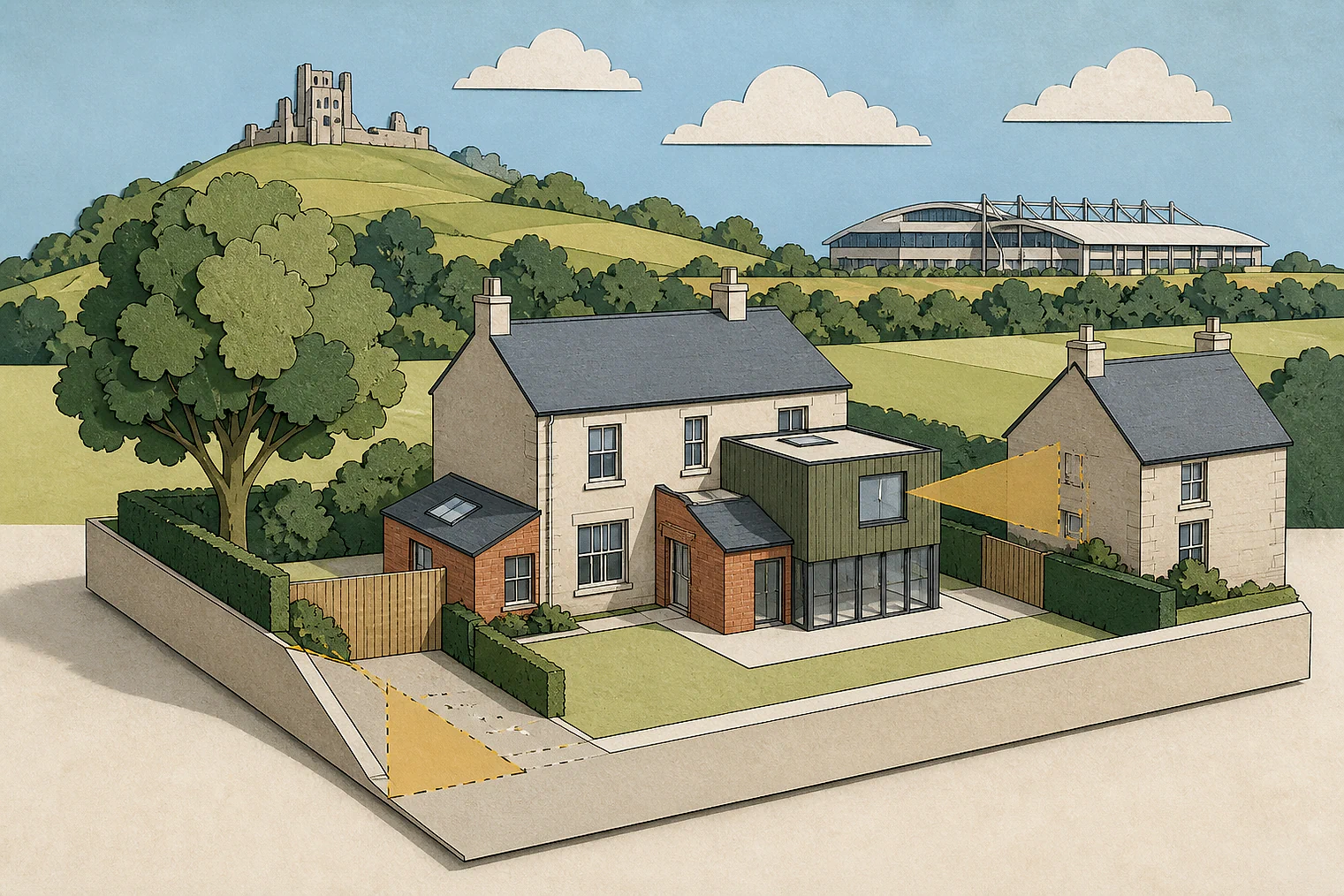 Cut-paper planning illustration for Swindon, showing extensions, neighbours, access and open land near simplified local landmarks.