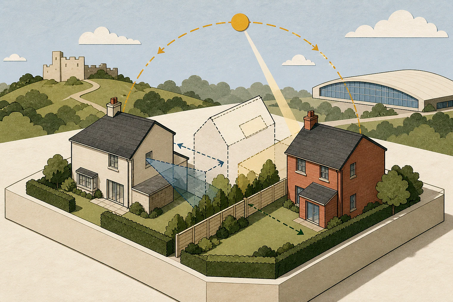 Cut-paper illustration of an imaginary privacy, daylight and neighbour living conditions planning issue in Swindon, with simplified local landmarks.