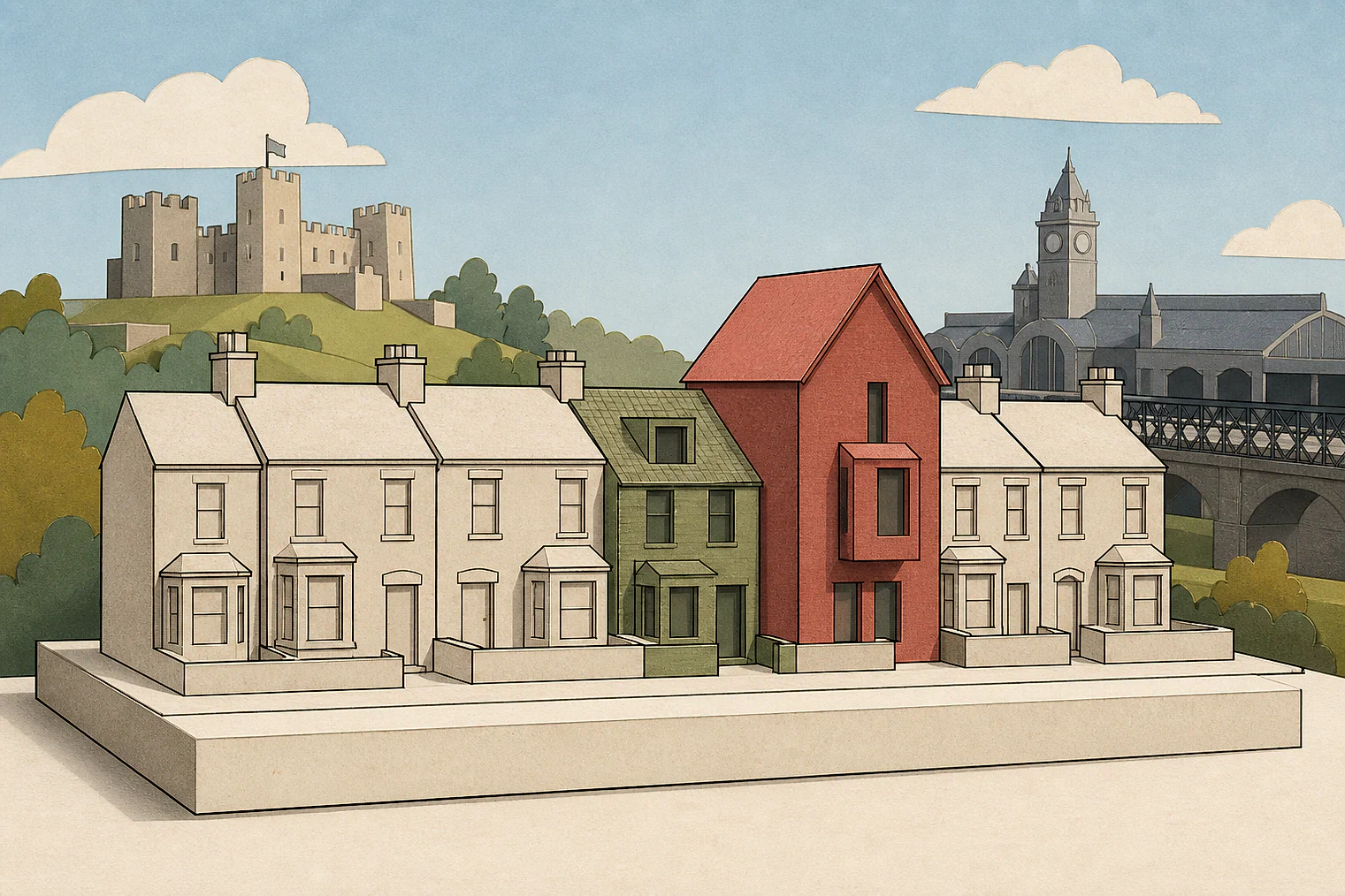 Cut-paper illustration of an imaginary character, scale and appearance planning issue in Tameside Metropolitan, with simplified local landmarks.