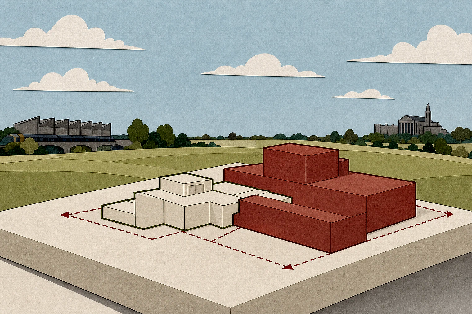 Cut-paper illustration of an imaginary building scale and Green Belt openness planning issue in Tameside Metropolitan, with simplified local landmarks.