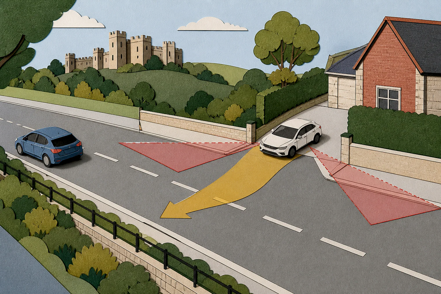 Cut-paper illustration of an imaginary access, visibility and highway safety planning issue in Tameside Metropolitan, with simplified local landmarks.