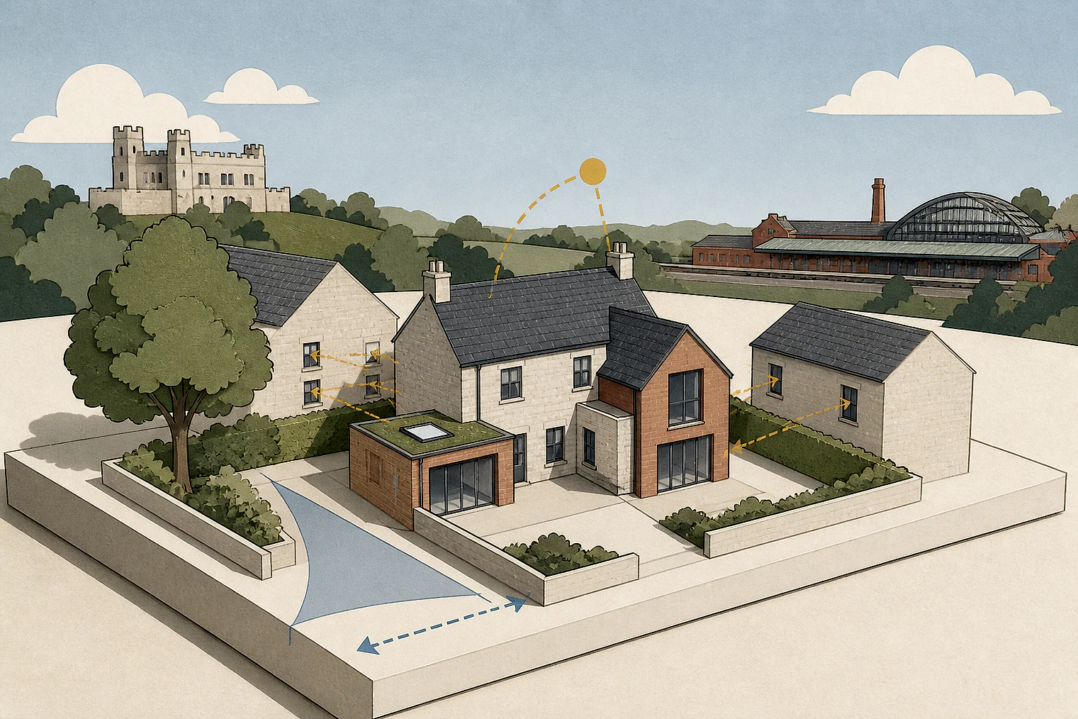 Cut-paper planning illustration for Tameside Metropolitan, showing extensions, neighbours, access and open land near simplified local landmarks.