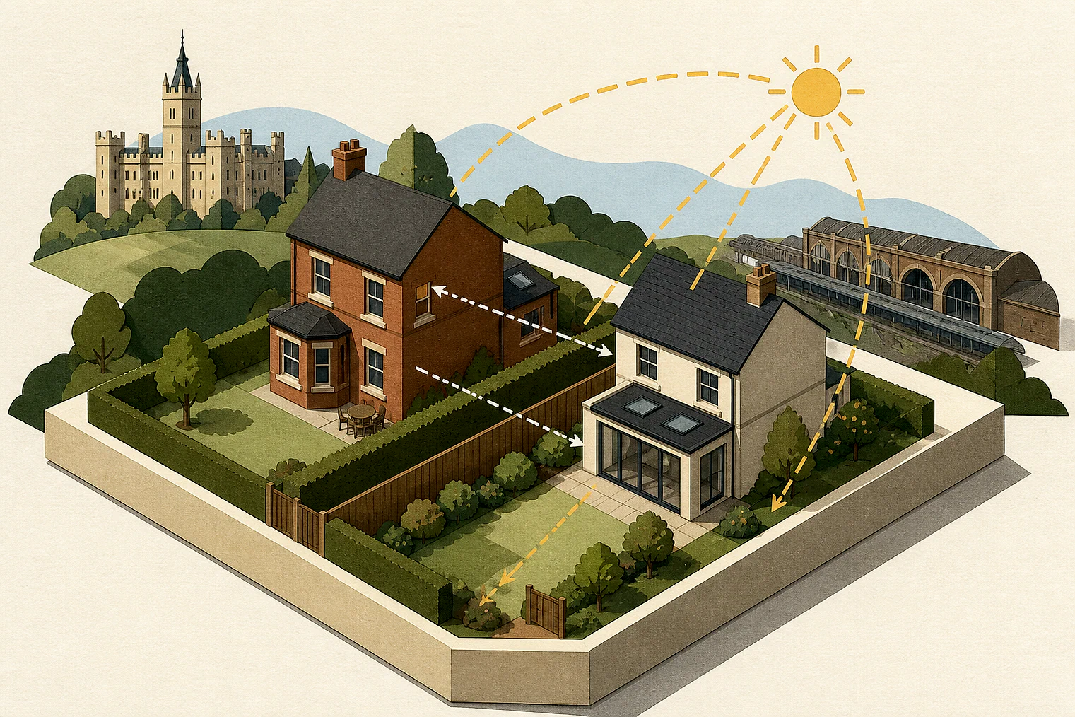 Cut-paper illustration of an imaginary privacy, daylight and neighbour living conditions planning issue in Tameside Metropolitan, with simplified local landmarks.