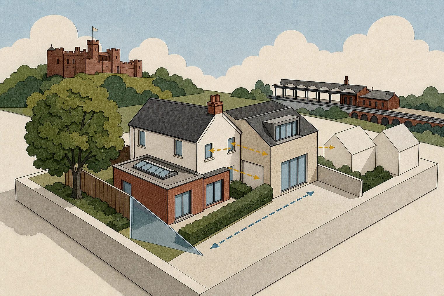 Cut-paper planning illustration for Tamworth, showing extensions, neighbours, access and open land near simplified local landmarks.