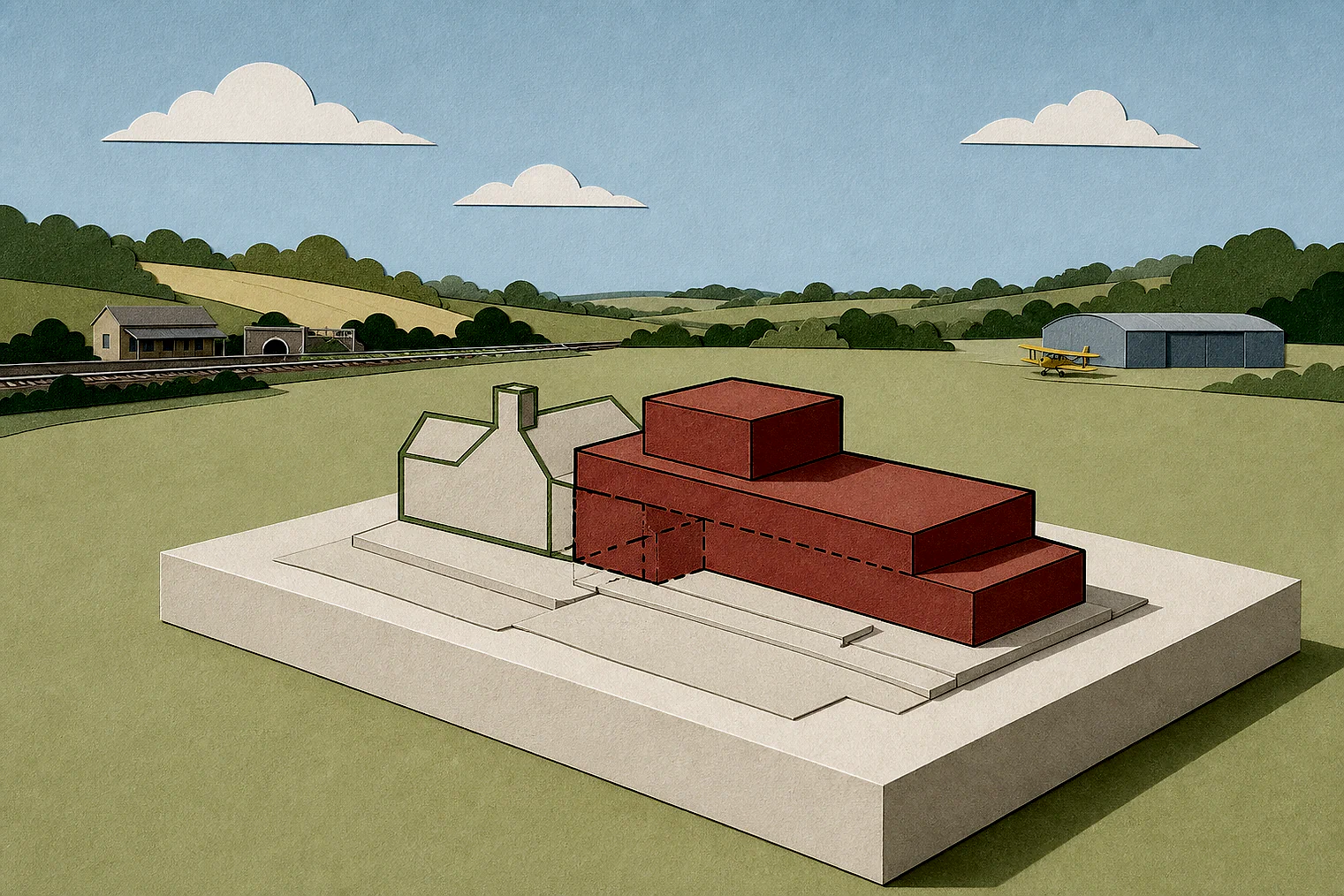 Cut-paper illustration of an imaginary building scale and Green Belt openness planning issue in Tandridge, with simplified local landmarks.