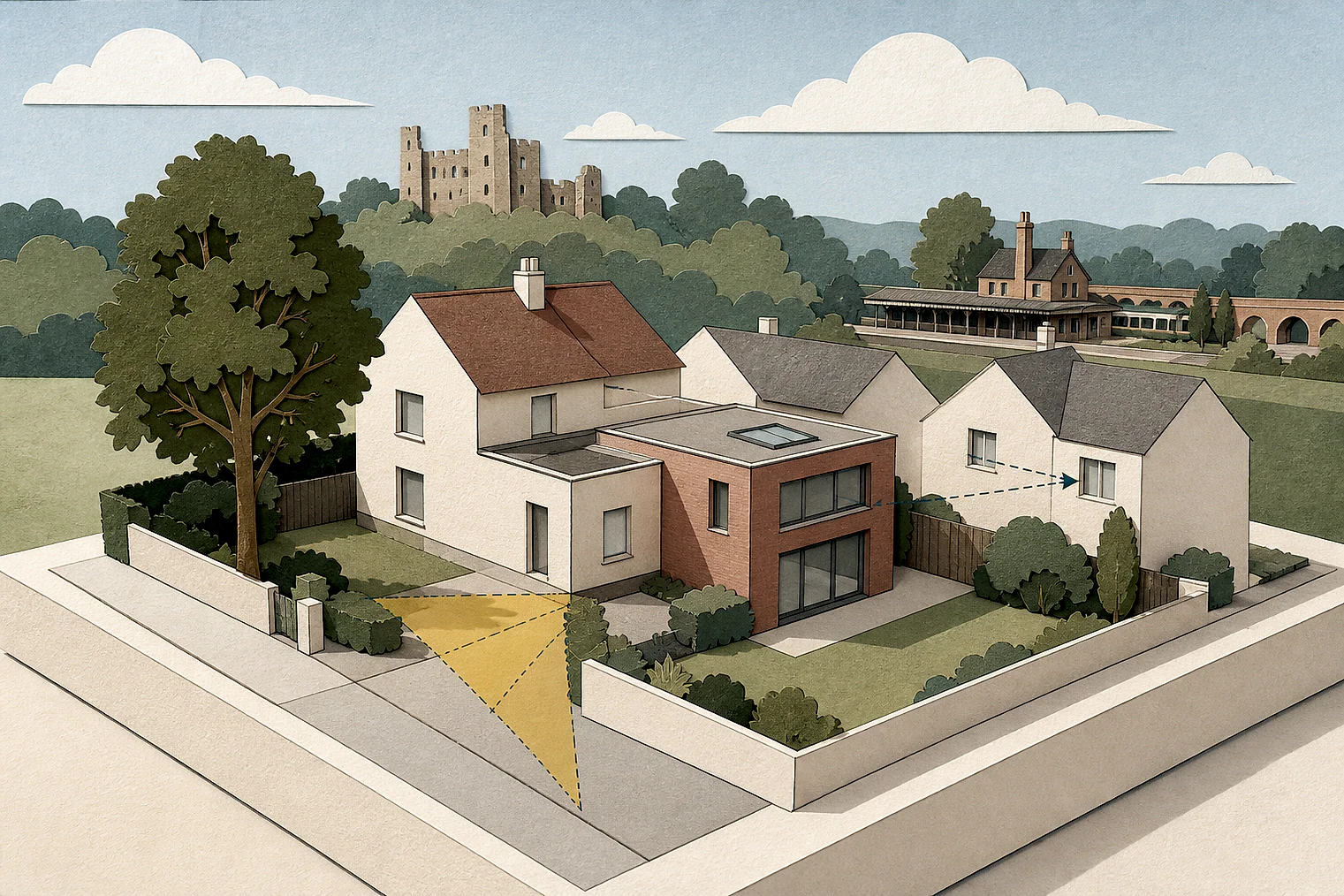 Cut-paper planning illustration for Tandridge, showing extensions, neighbours, access and open land near simplified local landmarks.