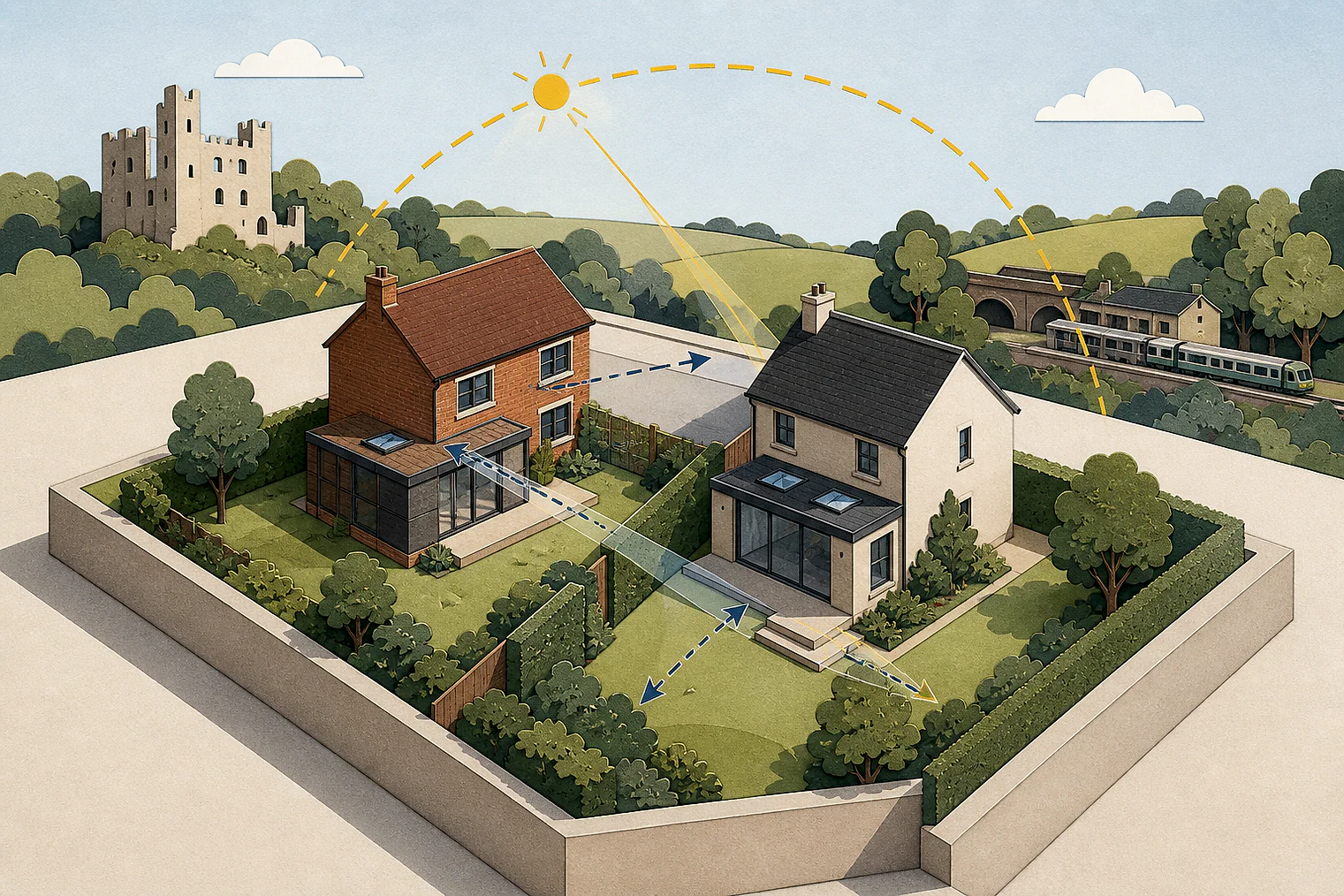 Cut-paper illustration of an imaginary privacy, daylight and neighbour living conditions planning issue in Tandridge, with simplified local landmarks.