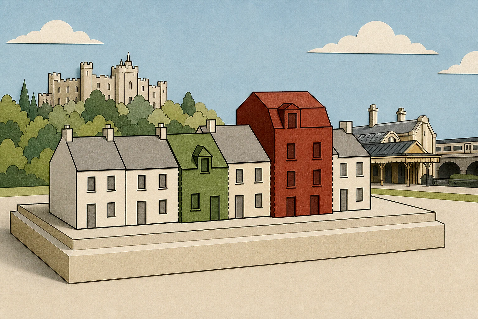 Cut-paper illustration of an imaginary character, scale and appearance planning issue in Teignbridge, with simplified local landmarks.