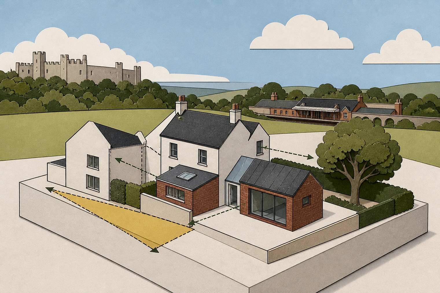 Cut-paper planning illustration for Teignbridge, showing extensions, neighbours, access and open land near simplified local landmarks.