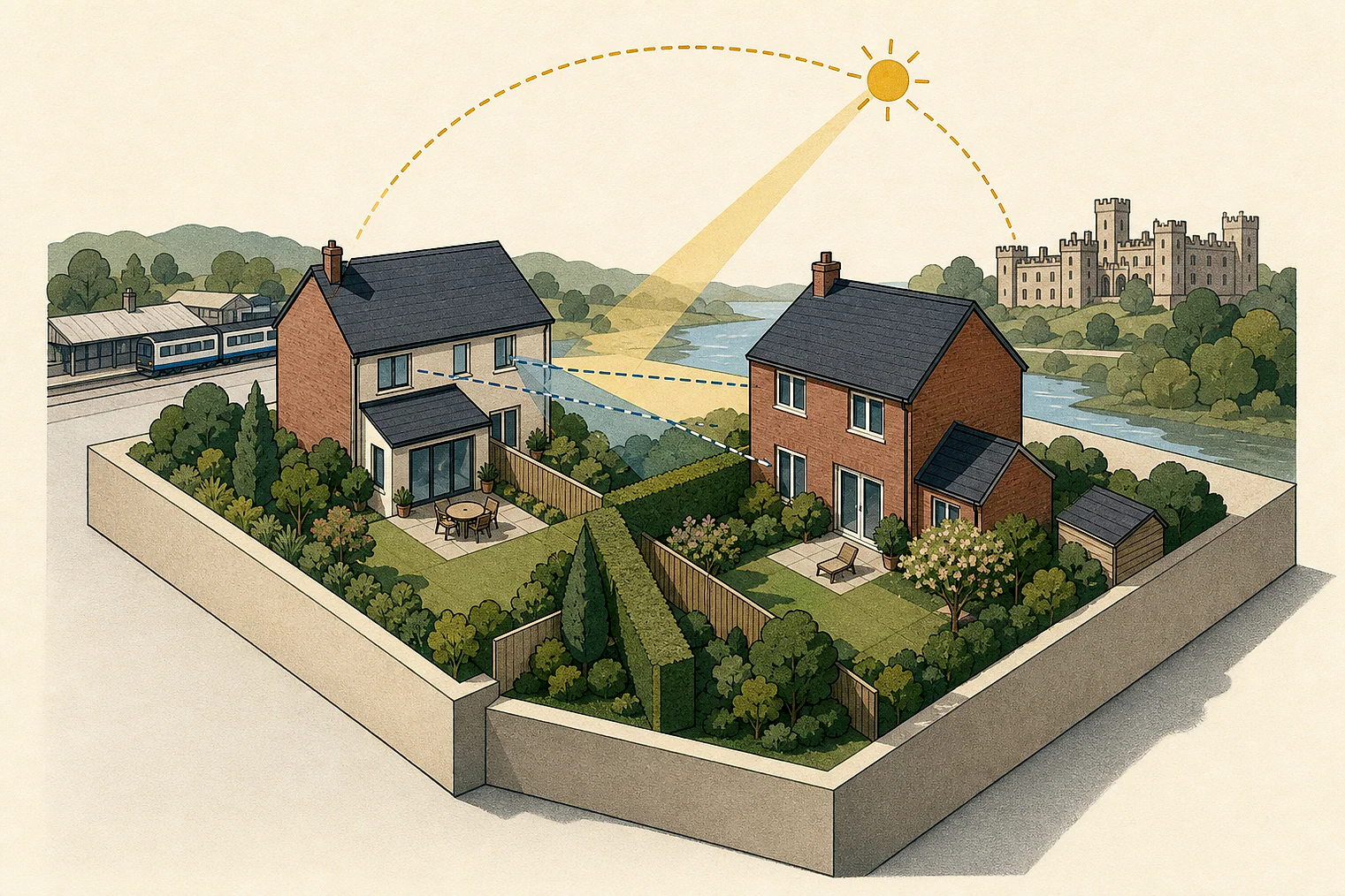 Cut-paper illustration of an imaginary privacy, daylight and neighbour living conditions planning issue in Teignbridge, with simplified local landmarks.