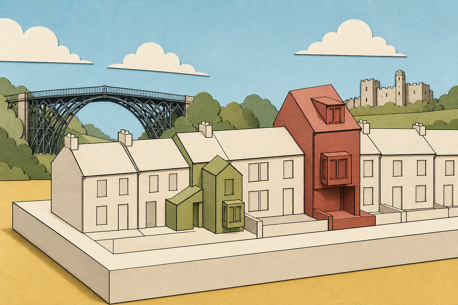 Cut-paper illustration of an imaginary character, scale and appearance planning issue in Telford & Wrekin, with simplified local landmarks.